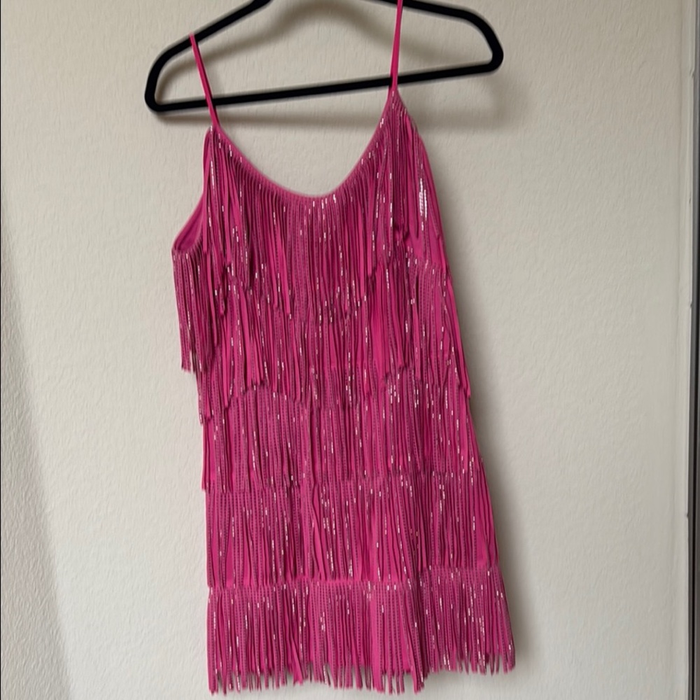 Pink Rhinestone Studded Fringe Dress